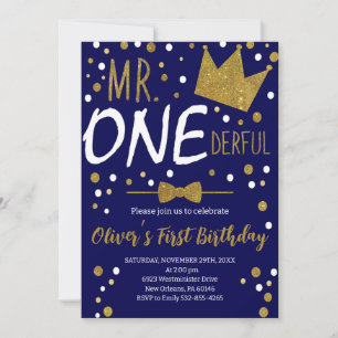 Invitation Navy & Or, M.Onederful Anniversaire, Points Polka