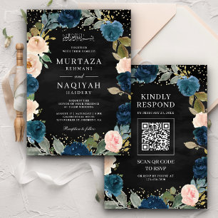 Invitation Navy Peach Floral Code QR Noir Mariage Musulman