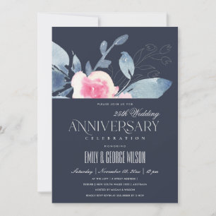 Invitation NAVY ROSE BLEU FLORAL 25e ANNIVERSAIRE TOUTE ANNÉE