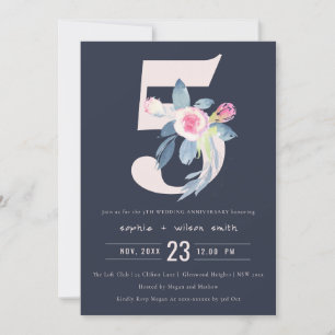 INVITATION NAVY ROSE BLEU FLORAL 5ÈME ANNIVERSAIRE TOUTE ANNÉ