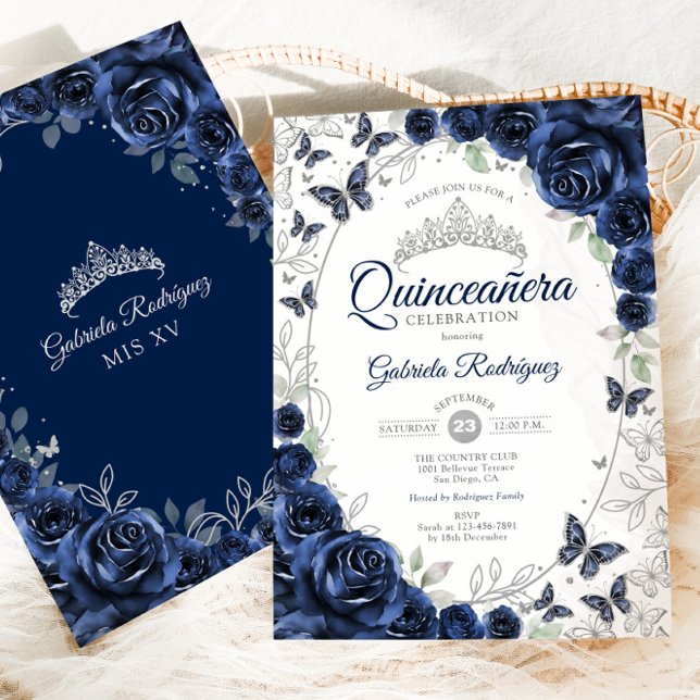 Invitation Navy Silver Floral Quinceanera (Créateur téléchargé)