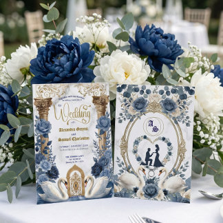 Invitation Navy Slate Blue Watercolor Floral Wedding