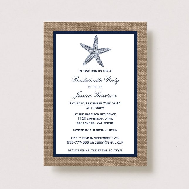 Invitation Navy Starfish Beach Burlap Bachelorette Party (Créateur téléchargé)