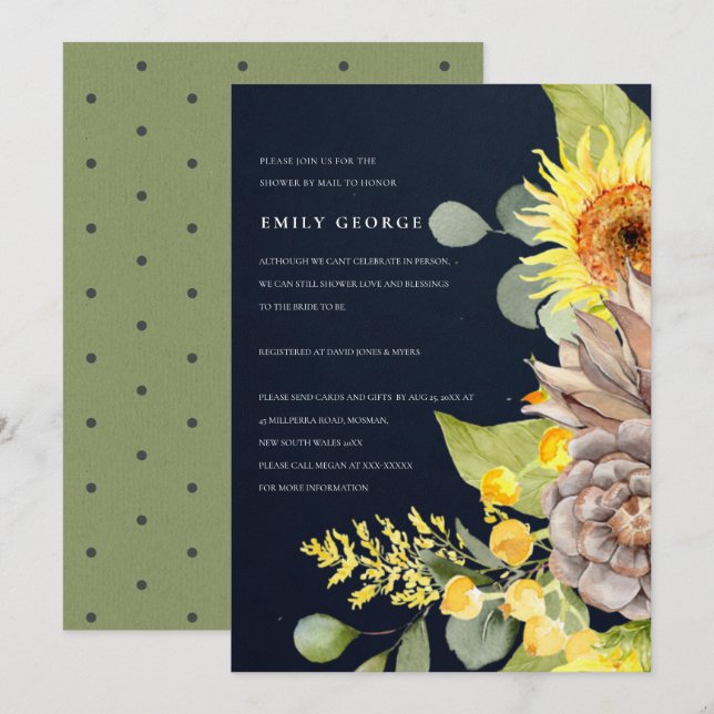 INVITATION NAVY SUNFLOWER EUCALYPTUS DOUCHE FLORALE PAR COURR (Devant / Derrière)