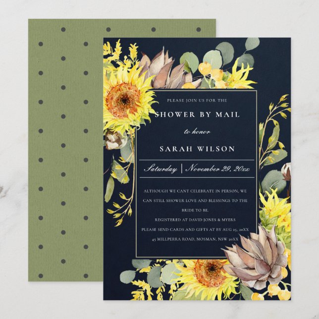 INVITATION NAVY SUNFLOWER EUCALYPTUS DOUCHE FLORALE PAR COURR (Devant / Derrière)