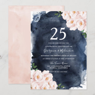 Invitation Navy Watercolor Blush Floral 25e Anniversaire