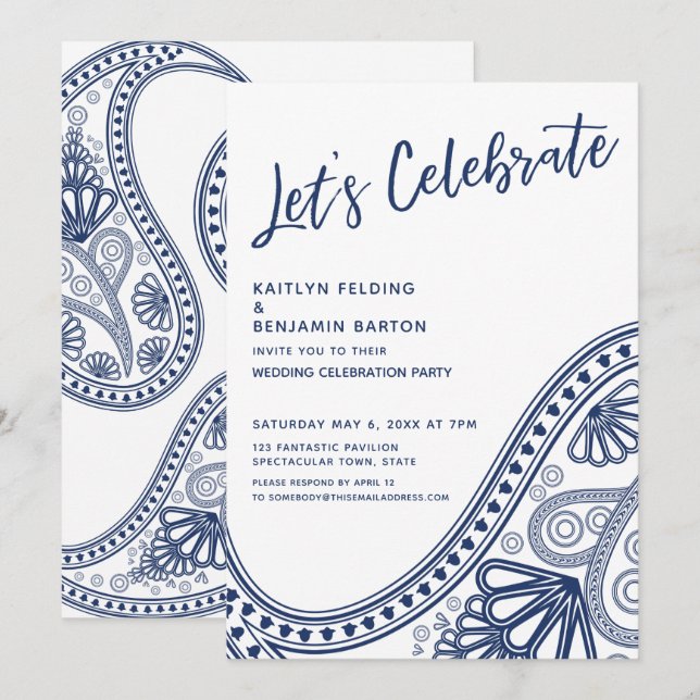 Invitation Navy White Fêtons la réception de Paisley uniqueme (Devant / Derrière)