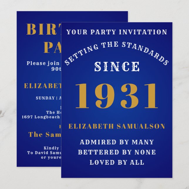 Invitation Né 1931 90th Birthday Love Ajouter Votre Nom Bleu (Devant / Derrière)