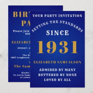 Invitation Né 1931 90th Birthday Love Ajouter Votre Nom Bleu