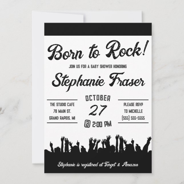 Invitation Né à Rock ! Baby shower de concerts Rock'n'Roll (Devant)