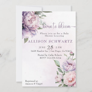 Invitation Né au Baby shower fleuri pourpre de Bloom