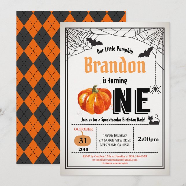 Invitation Né citrouille d'Halloween 1er anniversaire (Devant / Derrière)