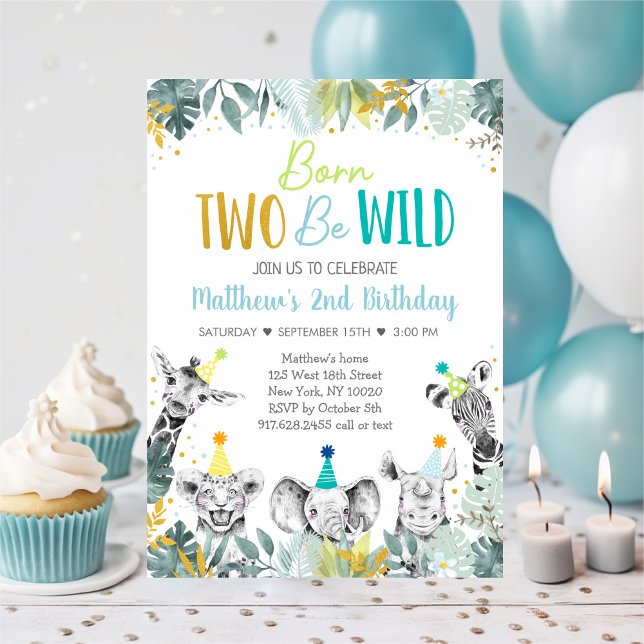Invitation Né Deux Be Wild Blue Gold Party Animal Anniversair (Créateur téléchargé)
