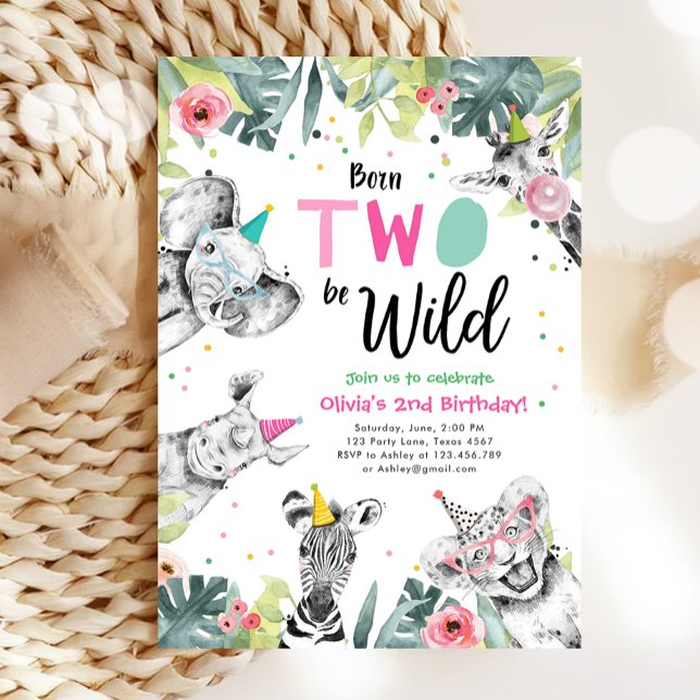Invitation Né Deux Be Wild Safari Party Animaux Anniversaire (Créateur téléchargé)