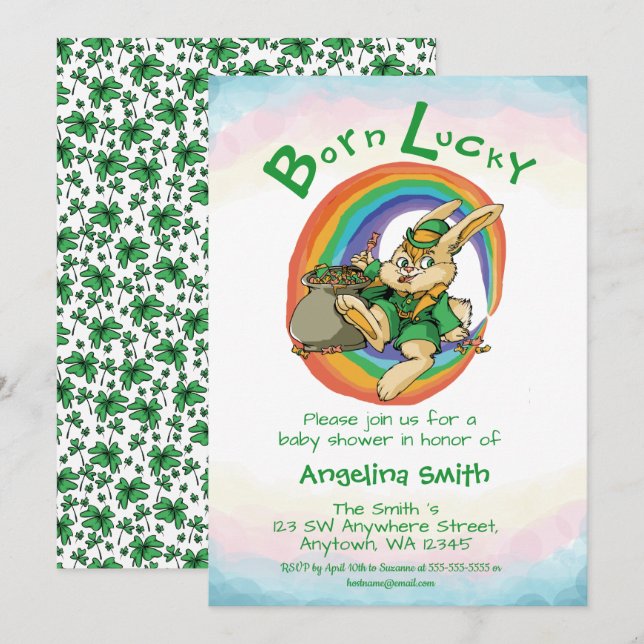 Invitation Né Lucky Little Saint Patrick Baby shower Rabbit (Devant / Derrière)