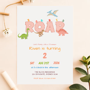 Invitation Né pour rugir Dinosaure Bébé Garçon Fille 2e Anniv