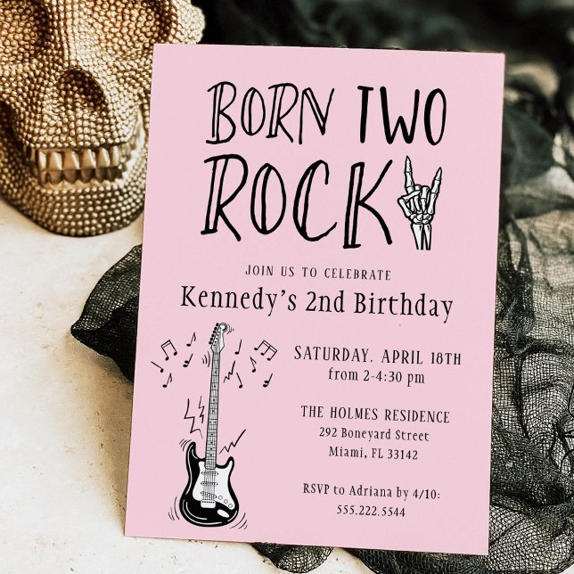 Invitation Né rose et noir Deux Rock Guitare 2e anniversaire (Créateur téléchargé)