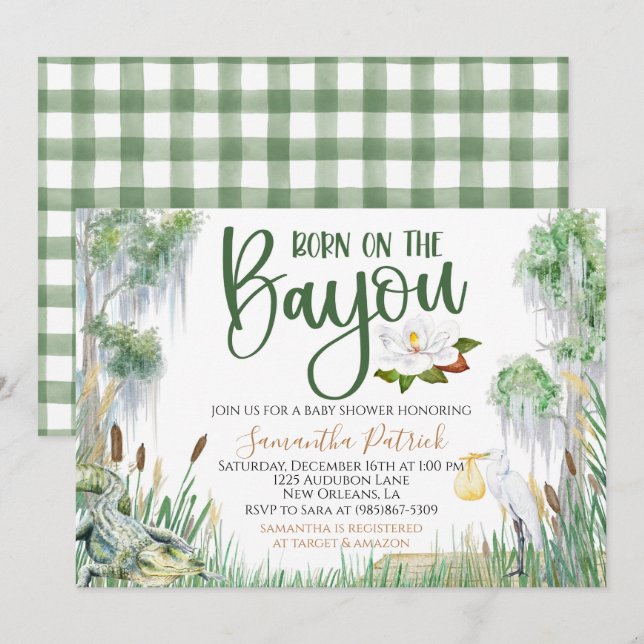 Invitation Né sur l'invitation du Baby shower du marais Bayou (Devant / Derrière)