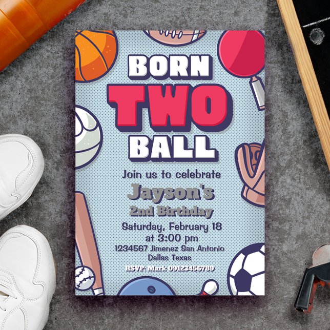 Invitation Né Two Ball - 2e Birthday Boy (Born Two Ball - 2nd Birthday - Sports Themed - Boy Invitation)