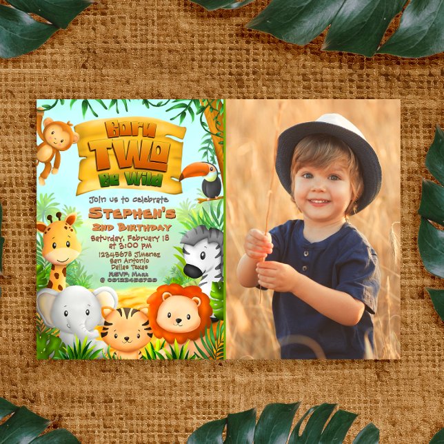 Invitation Né Two Be Wild - Safari 2e anniversaire avec photo (Born Two Be Wild - Safari 2nd Birthday with Photo Invitation)