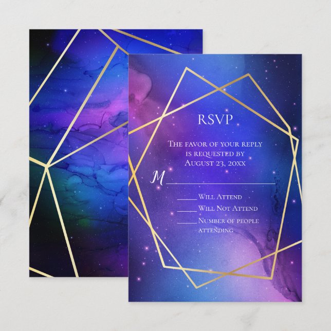 Invitation Nebula violette Art Celestial Géométrique Or RSVP (Devant / Derrière)