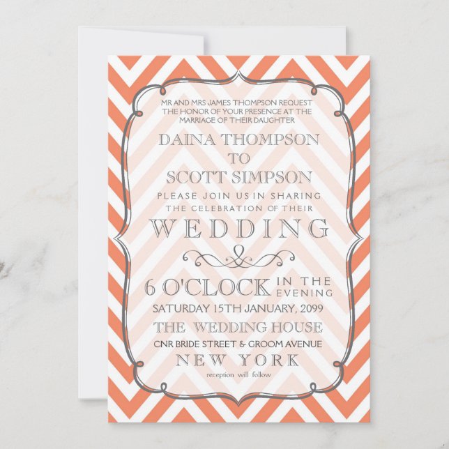 Invitation Nectarine Orange Chevron Stripes Mariage Inviter (Devant)
