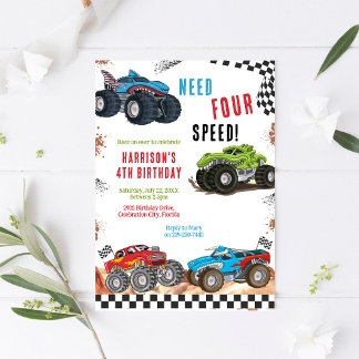 Invitation Need Four Speed Monster Truck Boy 4th Birthday 