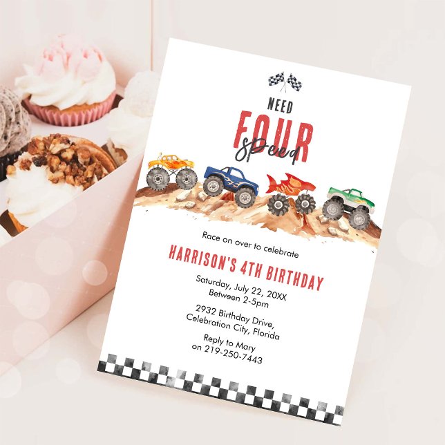 Invitation Need Four Speed Monster Truck Boy 4th Birthday (Créateur téléchargé)