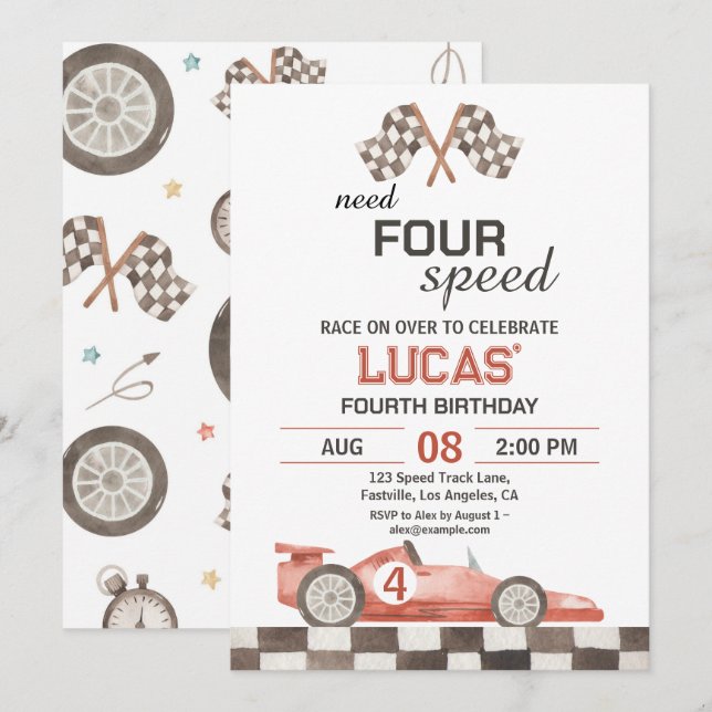 Invitation Need Four Speed Red Race Car 4th Birthday Party (Devant / Derrière)