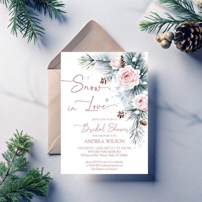 Invitation Neige amoureuse douche nuptiale neige pins (Snow in love winter bridal shower invitation snowy pines blush roses invitation templates download)