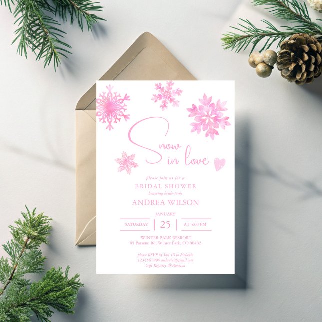 Invitation Neige amoureuse flocons de neige douche nuptiale d (Snow in love pastel pink snowflakes winter bridal shower invitation template)