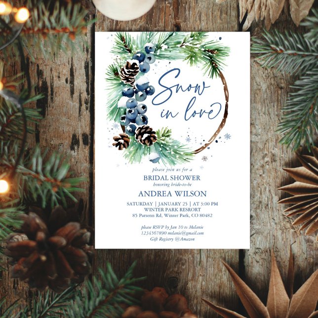 Invitation Neige amoureuse hiver nuptiale pins de douche wrea (Snow in love winter bridal shower editable template invitation digital download watercolor pines)