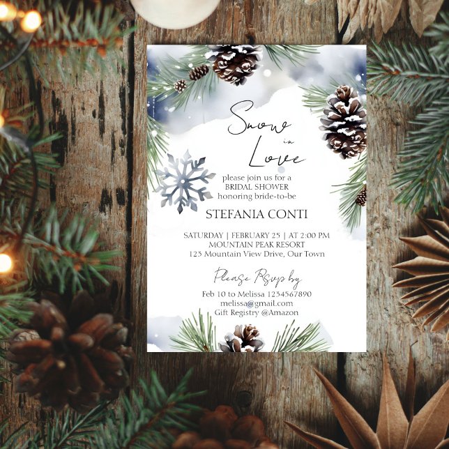 Invitation Neige amoureuse pins neigeux hiver nuptiale douche (Snow in love winter bridal shower editable template invitation digital download watercolor pines)