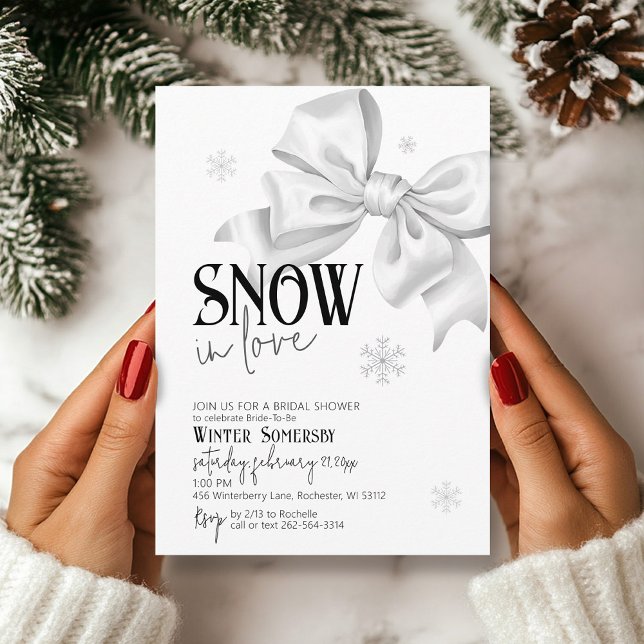 Invitation Neige dans l'amour Fête des mariées de boue Flocon (Cute simple SNOW in Love minimalist snowflake white bow modern winter bridal shower invite)