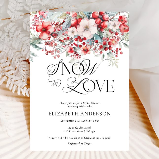 Invitation Neige en amour Hiver Rouge Fête des mariées floral (Créateur téléchargé)
