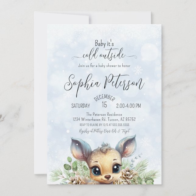 Invitation Neige froide à l'extérieur Baby shower bleu Cerf (Devant)