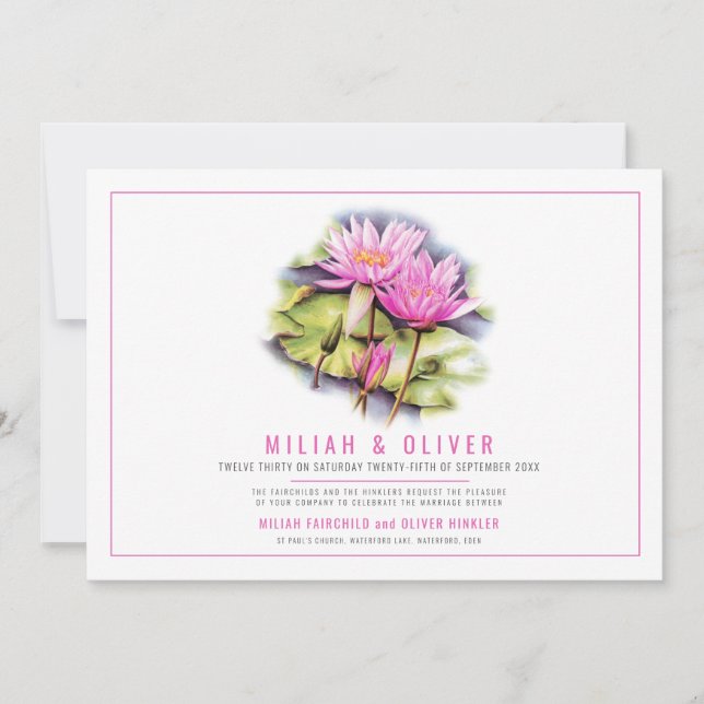 Invitation Nénuphar botanique rose mariage photo personnalisé (Devant)