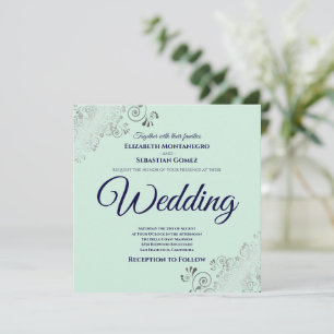 Invitation Neo Mint Green & Navy Blue Elegant Mariage Carré