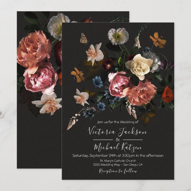 Invitation Néoclassique Floral Dark & Moody Mariage (Devant / Derrière)