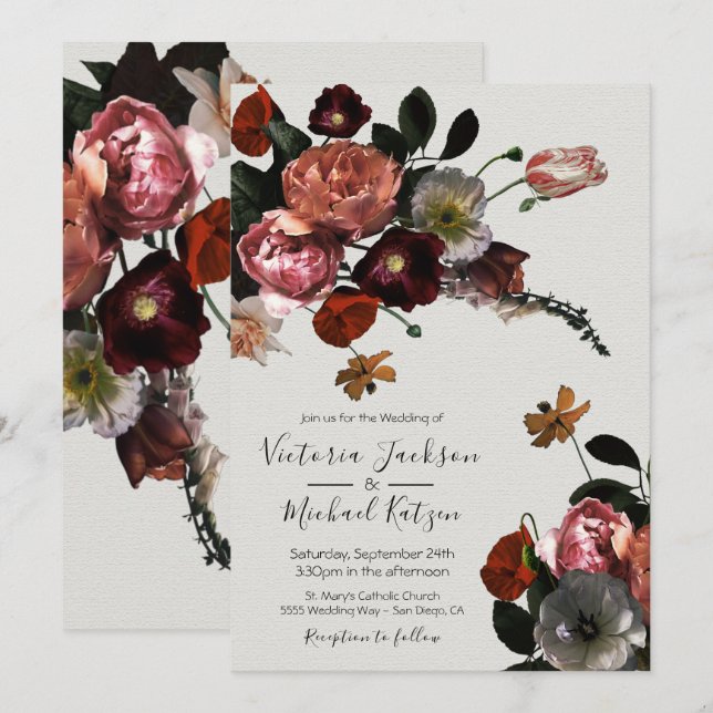 Invitation Néoclassique Floral lumière & Mariage aéré (Devant / Derrière)