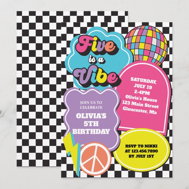 Invitation Neon 90s Retro Five est un Vibe 5e anniversaire (Devant / Derrière)