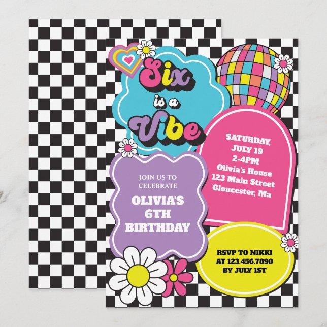 Invitation Neon 90s Retro Six est un Vibe 6e anniversaire (Devant / Derrière)