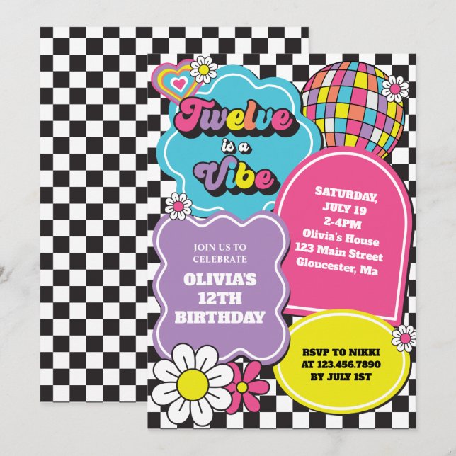Invitation Neon 90s Retro Twelve est un Vibe 12e anniversaire (Devant / Derrière)