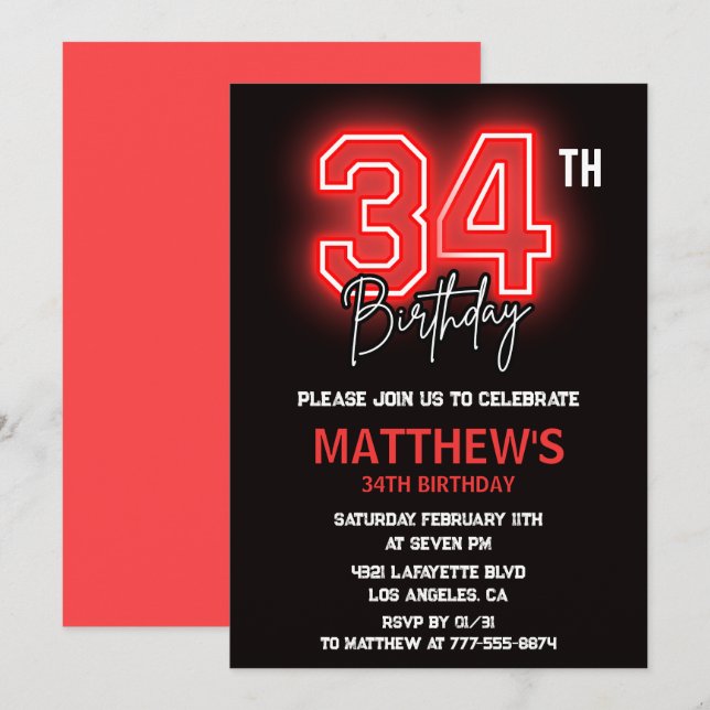 Invitation Neon Black Red Men Sport 34e anniversaire (Devant / Derrière)
