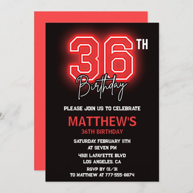 Invitation Neon Black Red Men Sport 36e anniversaire (Devant / Derrière)