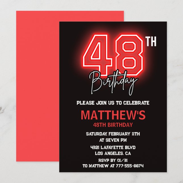 Invitation Neon Black Red Men Sport 48e anniversaire (Devant / Derrière)