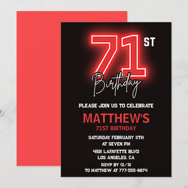Invitation Neon Black Red Men Sport 71e anniversaire (Devant / Derrière)