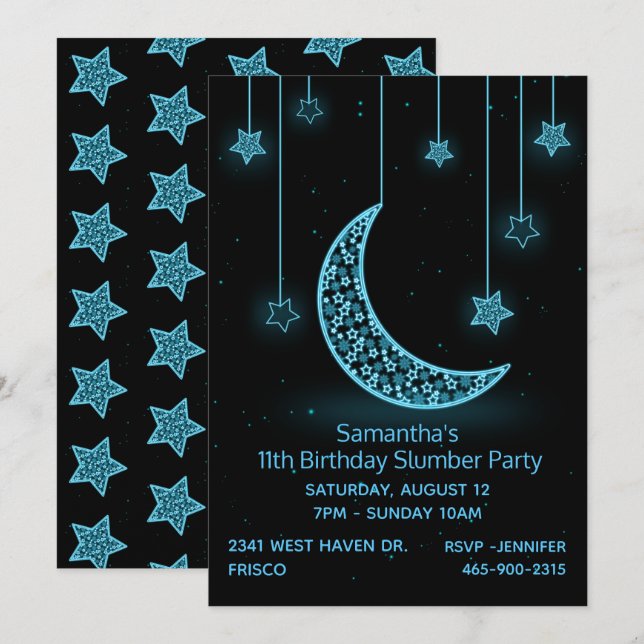 Invitation Neon Blue Moon et Stars Anniversaire Fête Invitati (Devant / Derrière)