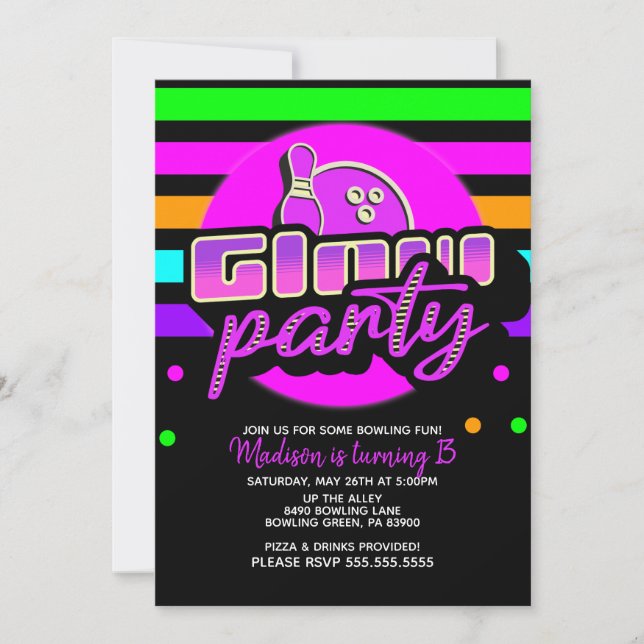 Invitation Neon Bowling Party Bash fête d'anniversaire (Devant)