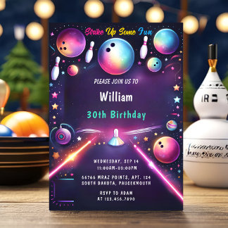 Invitation Neon Boy Kids Team Event Bowling 30th Birthday